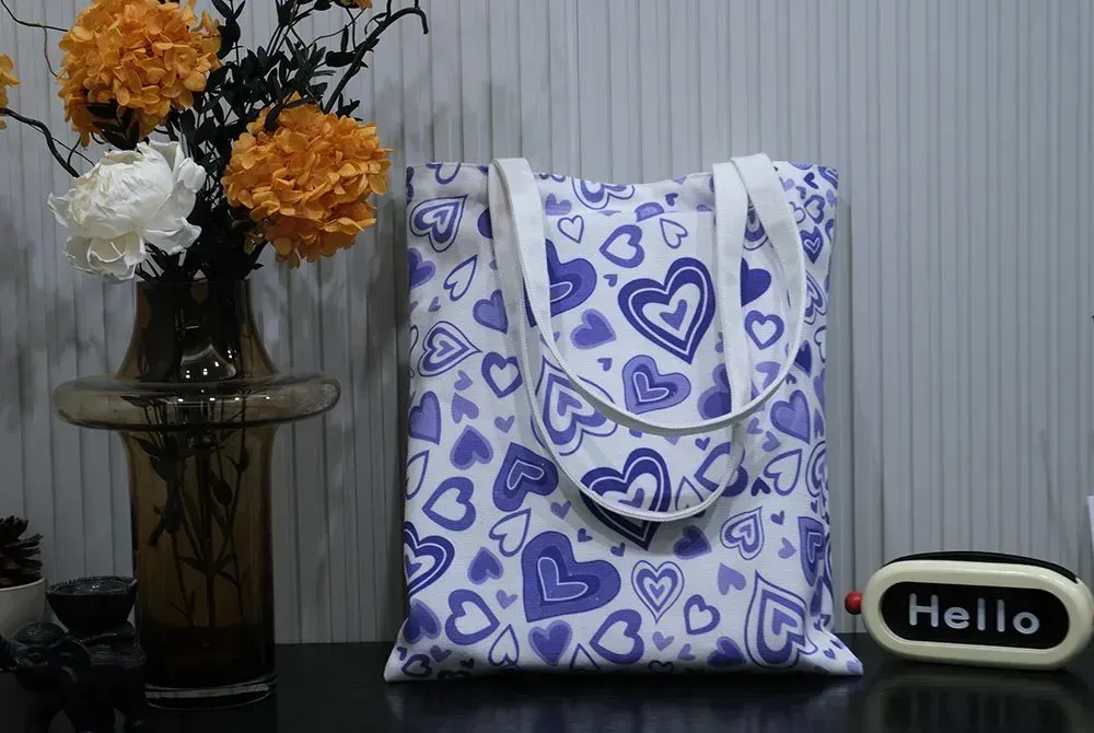 Heart design pure cotton canvas tote bag with metal push button