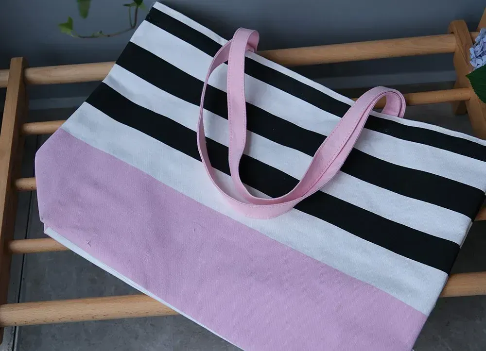 Classic plaid fashion design large capacity cotton canvas beach bag with metal push button