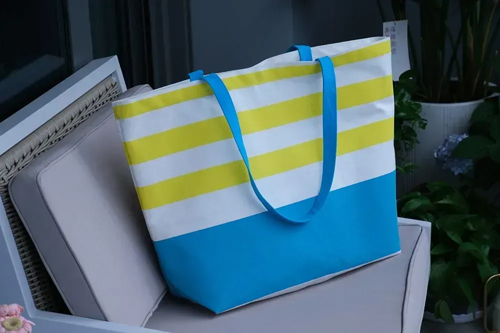 Classic plaid fashion design large capacity cotton canvas beach bag with metal push button