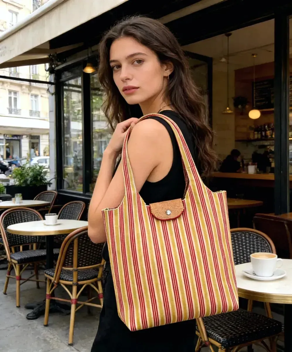 Wholesale Recycled Polyester Classic Stripes Design Knitted Tote Bag with Pocket for Grocery Shopping Custom Logo OEM