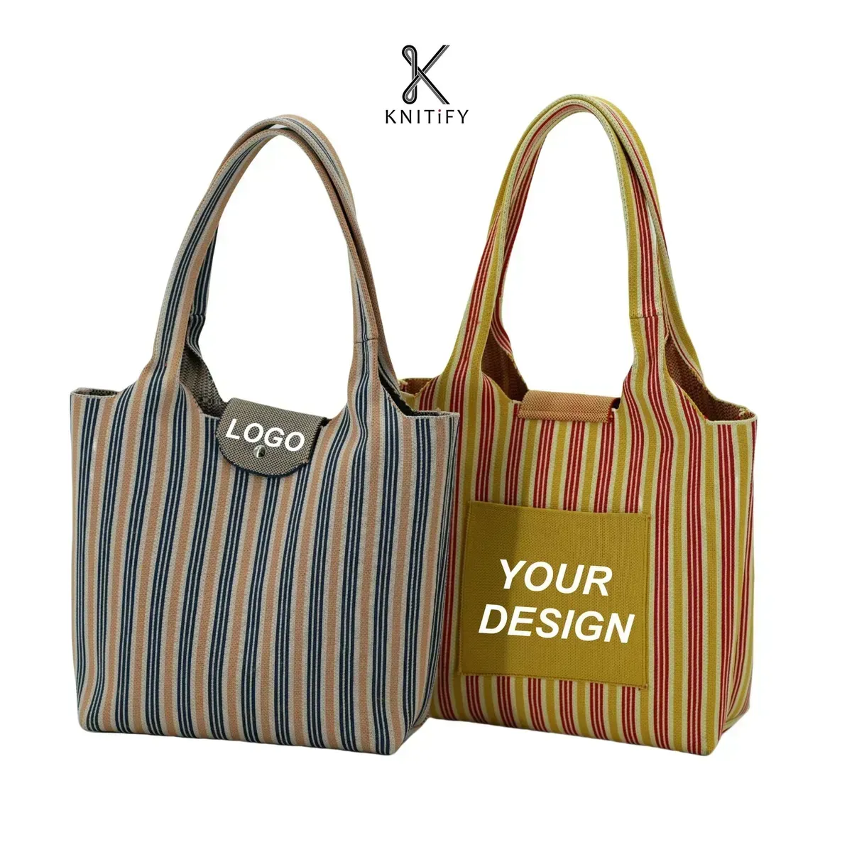 Wholesale Recycled Polyester Classic Stripes Design Knitted Tote Bag with Pocket for Grocery Shopping Custom Logo OEM