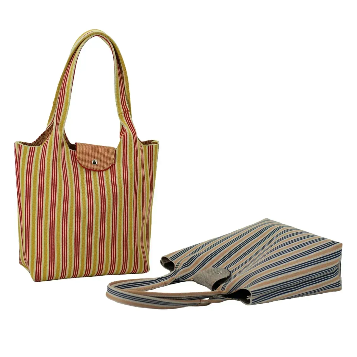 Wholesale Recycled Polyester Classic Stripes Design Knitted Tote Bag with Pocket for Grocery Shopping Custom Logo OEM