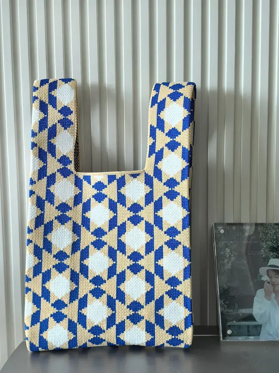 Islamic Style Geometric Pattern Knitted Wool Bucket Bag Casual Tote Box Lunch Bag Nylon Knit Shopping Tote Bag - Detail