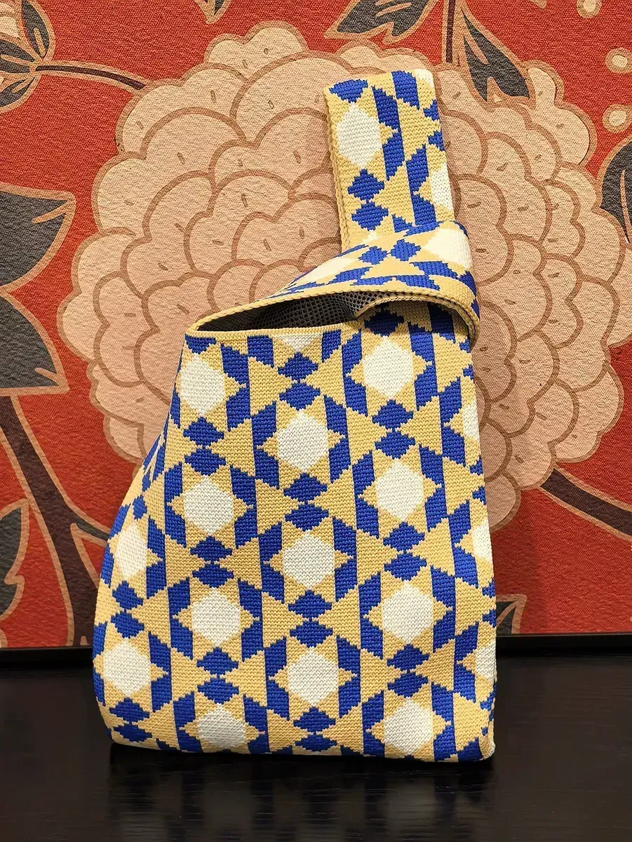 Islamic Style Geometric Pattern Knitted Wool Bucket Bag Casual Tote Box Lunch Bag Nylon Knit Shopping Tote Bag - Detail