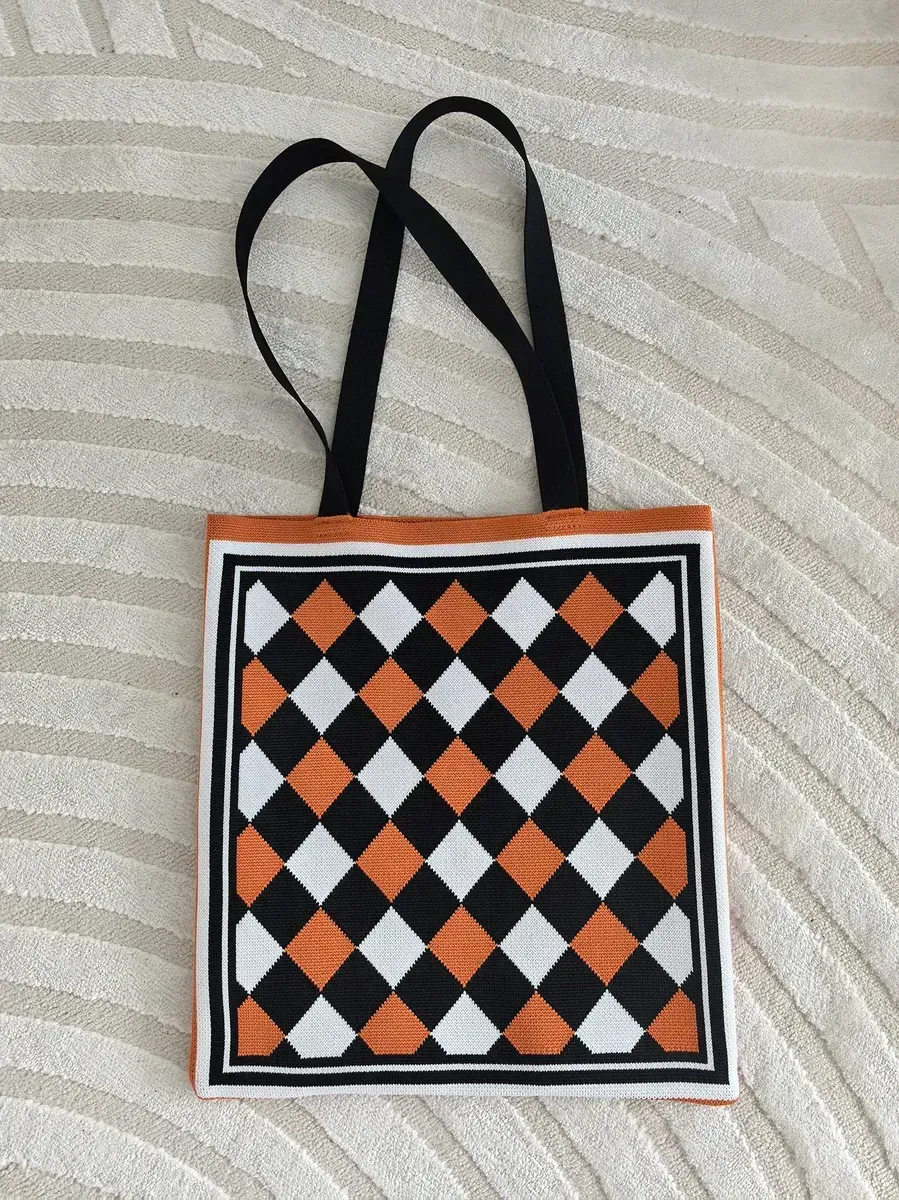 Islamic Style Geometric Pattern Knitted Wool Bucket Bag Casual Tote Box Lunch Bag Nylon Knit Shopping Tote Bag - Detail