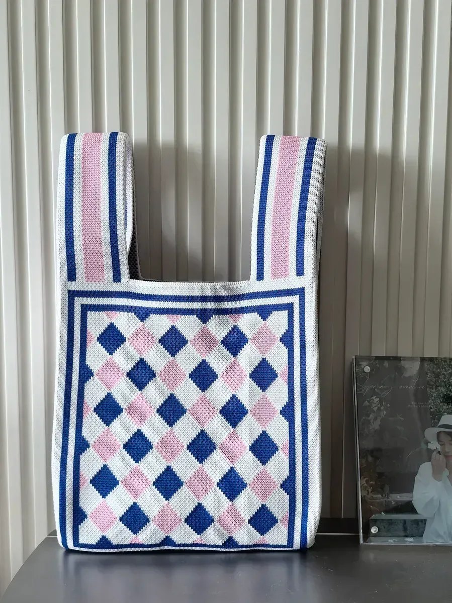 Islamic Style Geometric Pattern Knitted Wool Bucket Bag Casual Tote Box Lunch Bag Nylon Knit Shopping Tote Bag - Detail