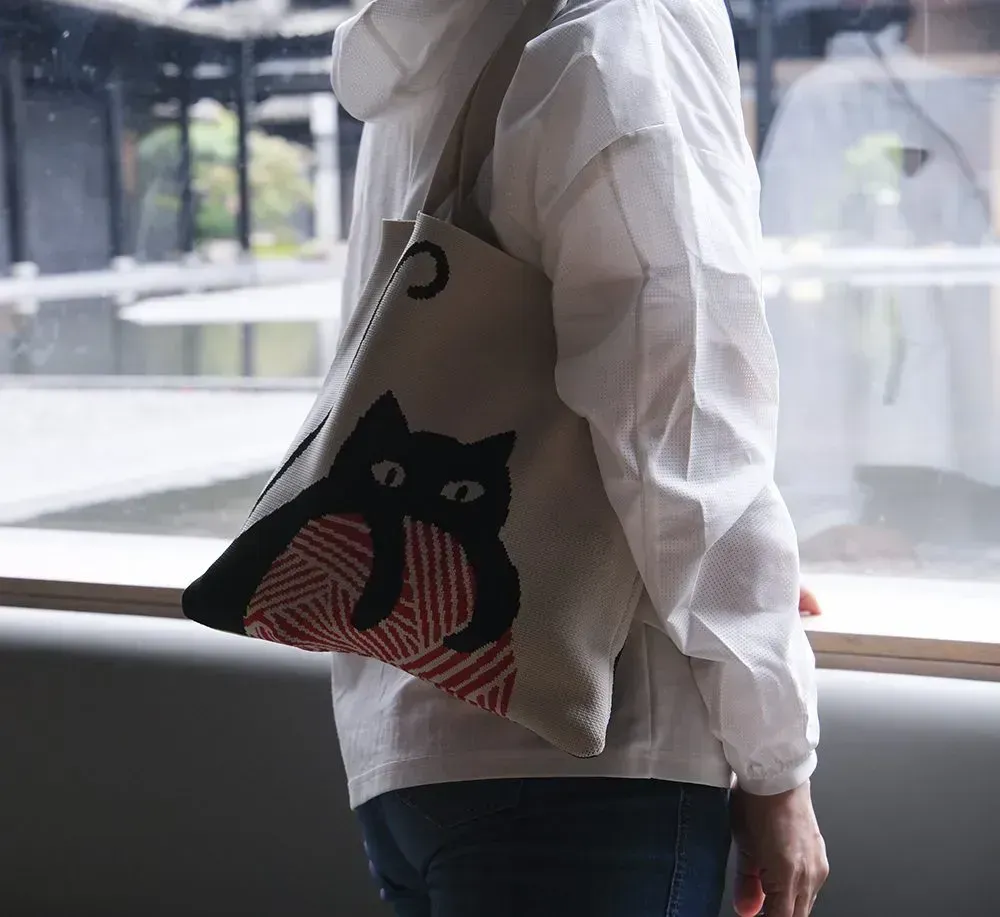 large capacity Reusable Casual Color cat design Shopping Bags Checkered Crochet Knitting Tote Bag Knit Tote Bag For Women