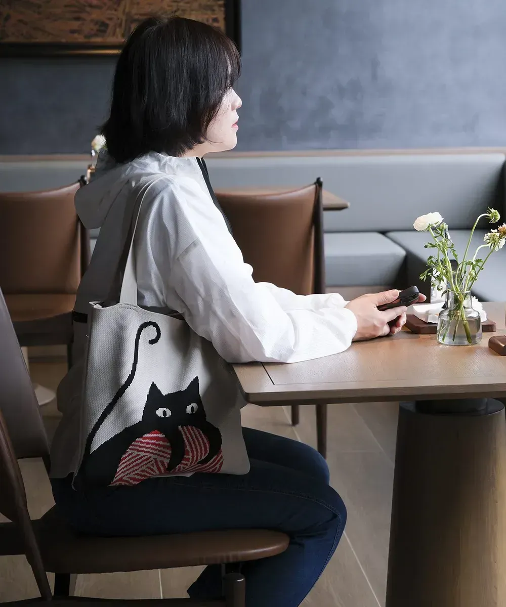 large capacity Reusable Casual Color cat design Shopping Bags Checkered Crochet Knitting Tote Bag Knit Tote Bag For Women