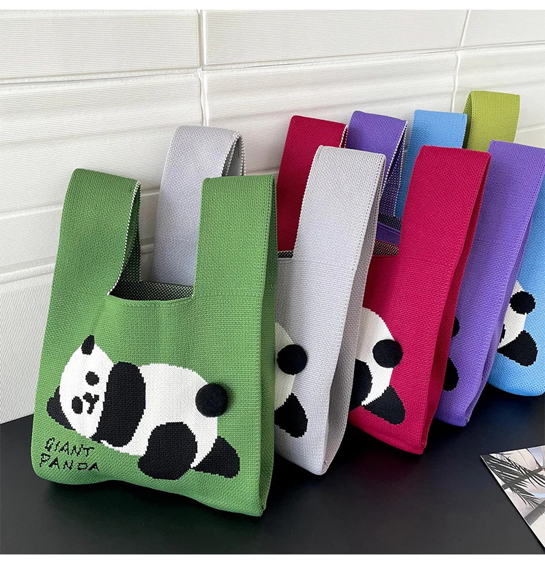 T-shirt style Panda design Fashion Handbags Nylon yarn Knitted  Tote Bags For Women and girls