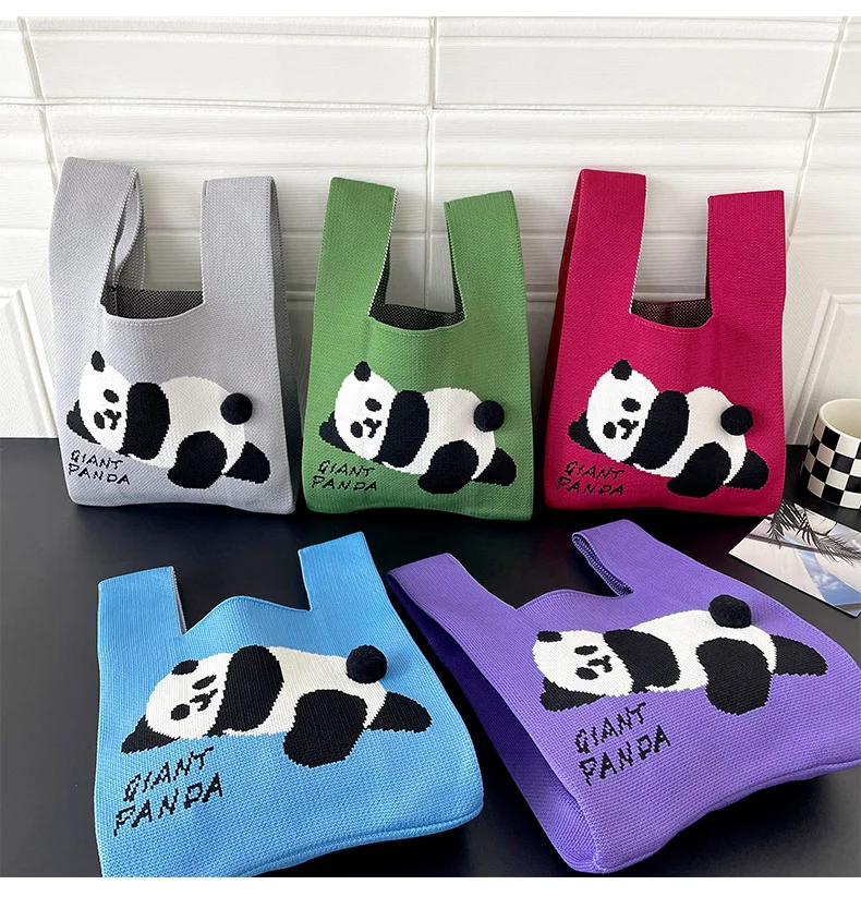 T-shirt style Panda design Fashion Handbags Nylon yarn Knitted  Tote Bags For Women and girls