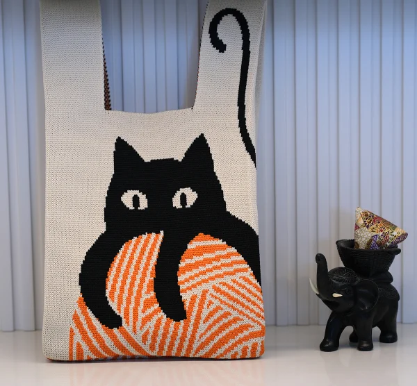 large capacity Reusable Casual Color cat design Shopping Bags Checkered Crochet Knitting Tote Bag Knit Tote Bag For Women - KT-S08