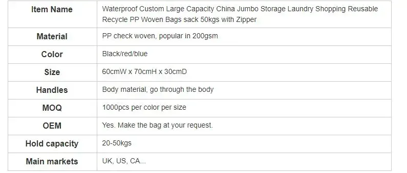 super Large Capacity Jumbo Storage Laundry Reusable Recycle PP Woven sack Bag 50kg with Zipper - Detail