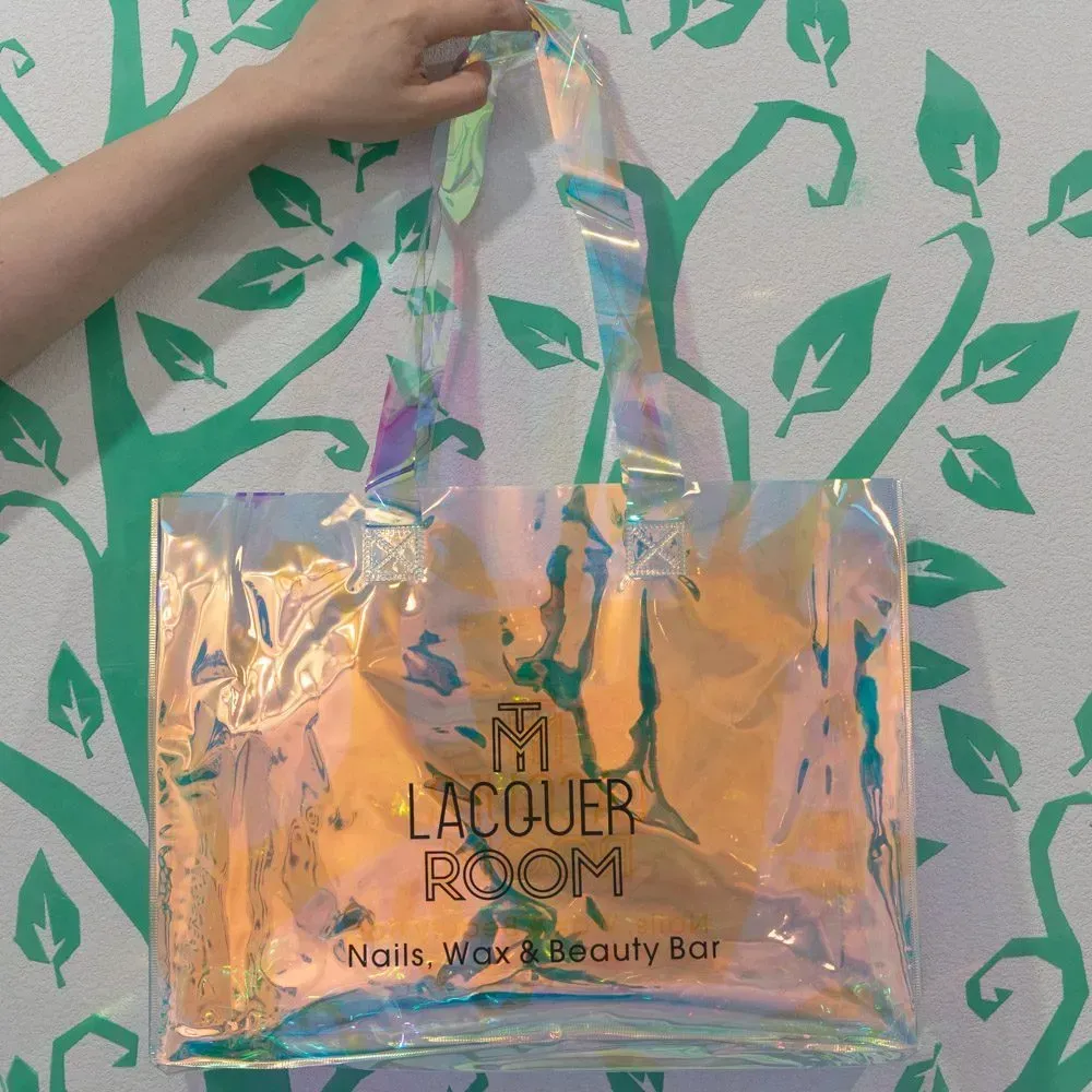 Custom LOGO Silk Screen Print  Transparent Holographic Fashion PVC Tote Bag