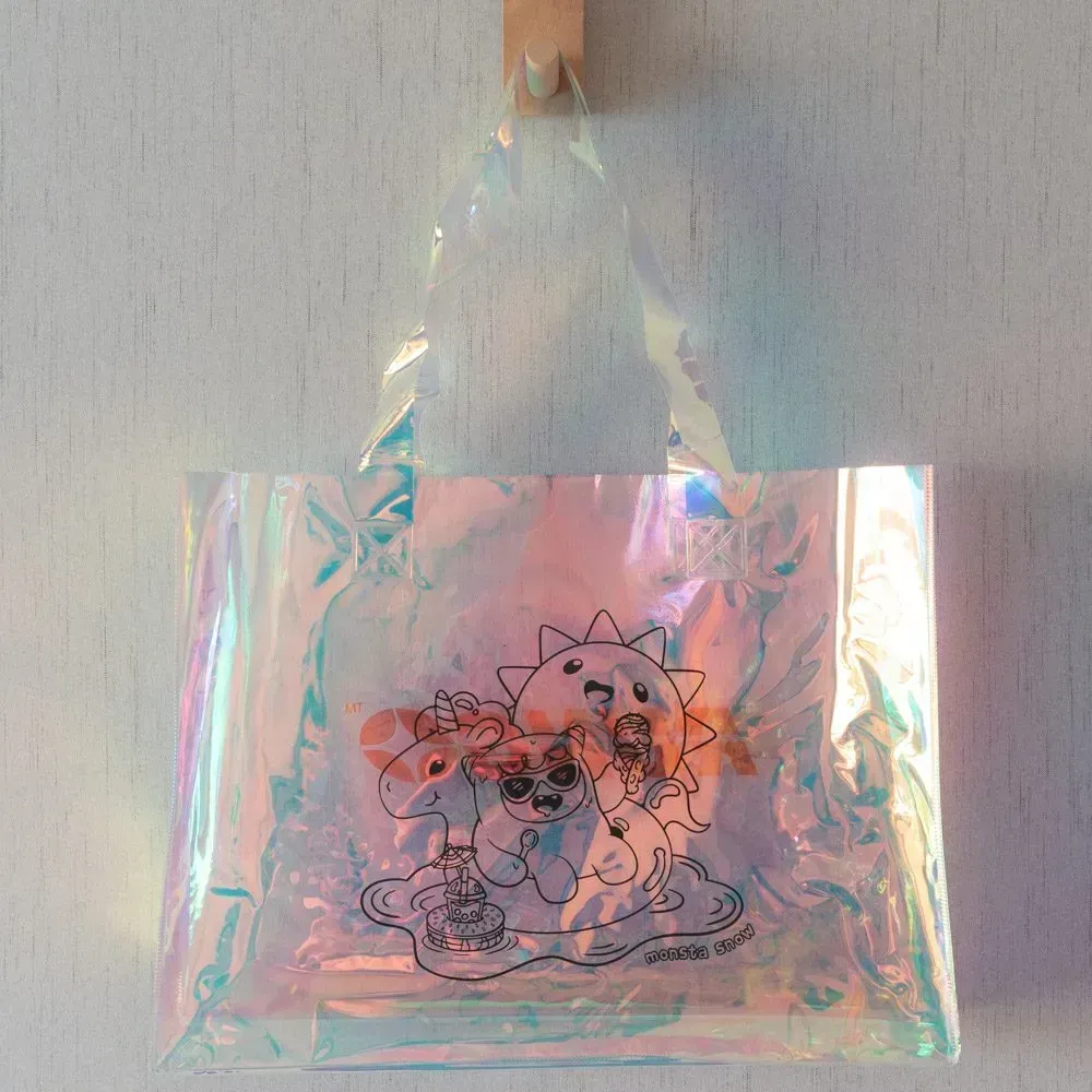 Custom LOGO Silk Screen Print  Transparent Holographic Fashion PVC Tote Bag
