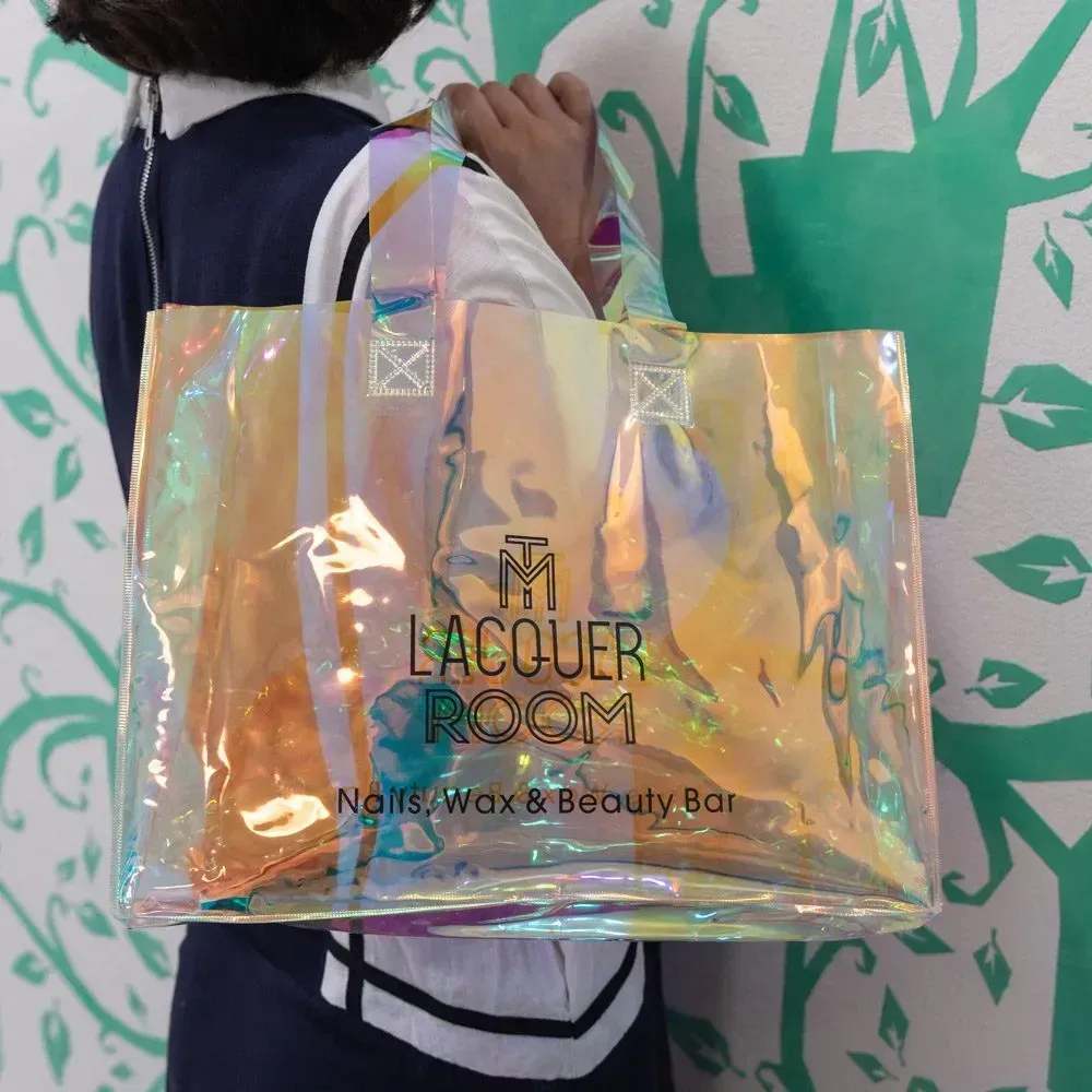 Custom LOGO Silk Screen Print  Transparent Holographic Fashion PVC Tote Bag