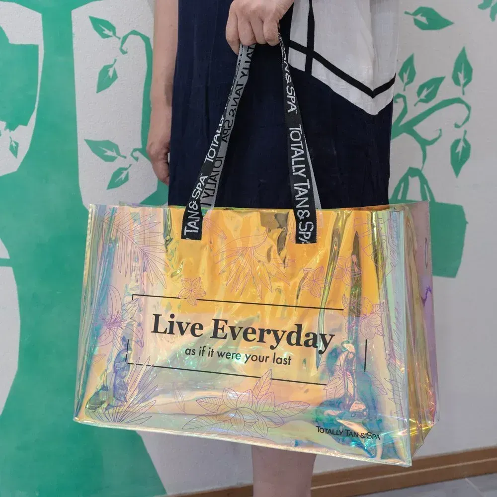 Custom logo printing webbing Handles  Laser Transparent Hologram Clear PVC Tote Bag