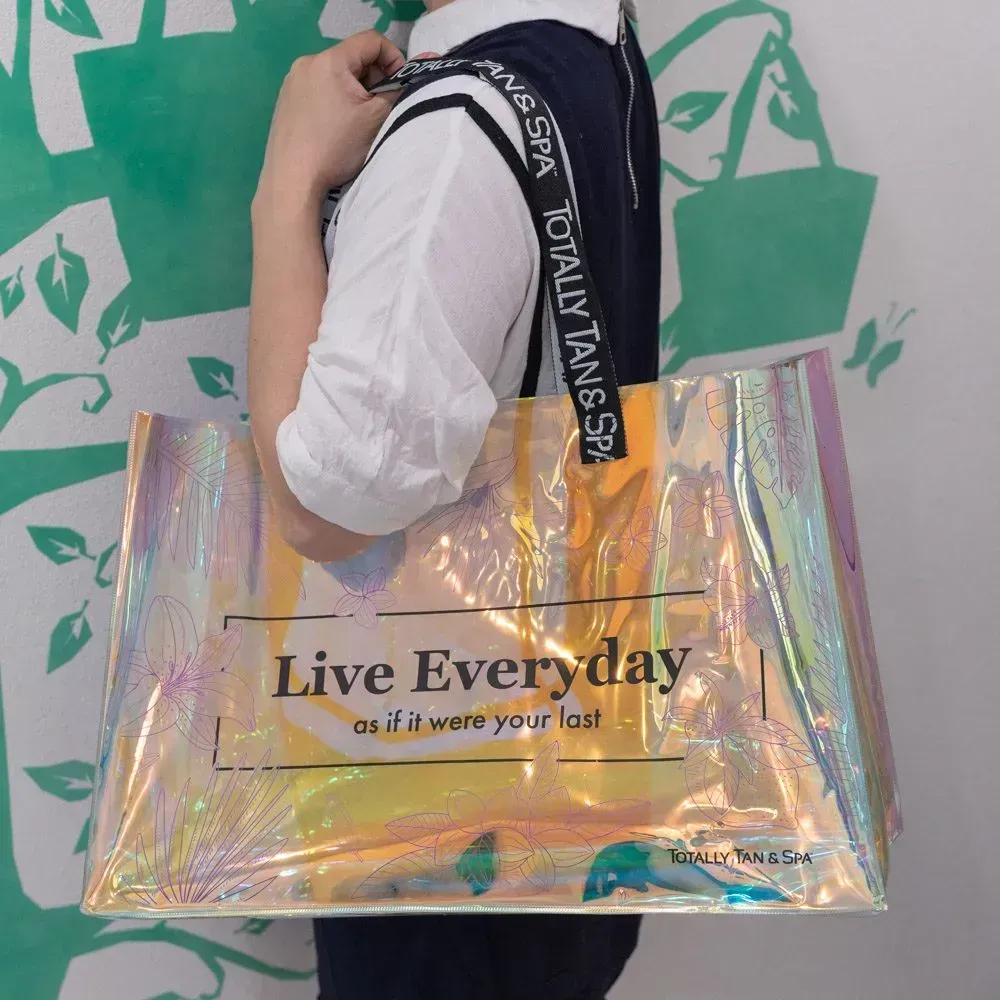 Custom logo printing webbing Handles  Laser Transparent Hologram Clear PVC Tote Bag