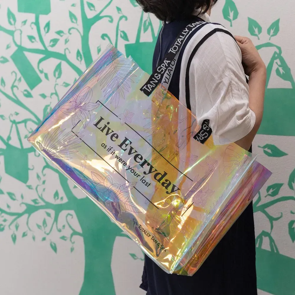 Custom logo printing webbing Handles  Laser Transparent Hologram Clear PVC Tote Bag