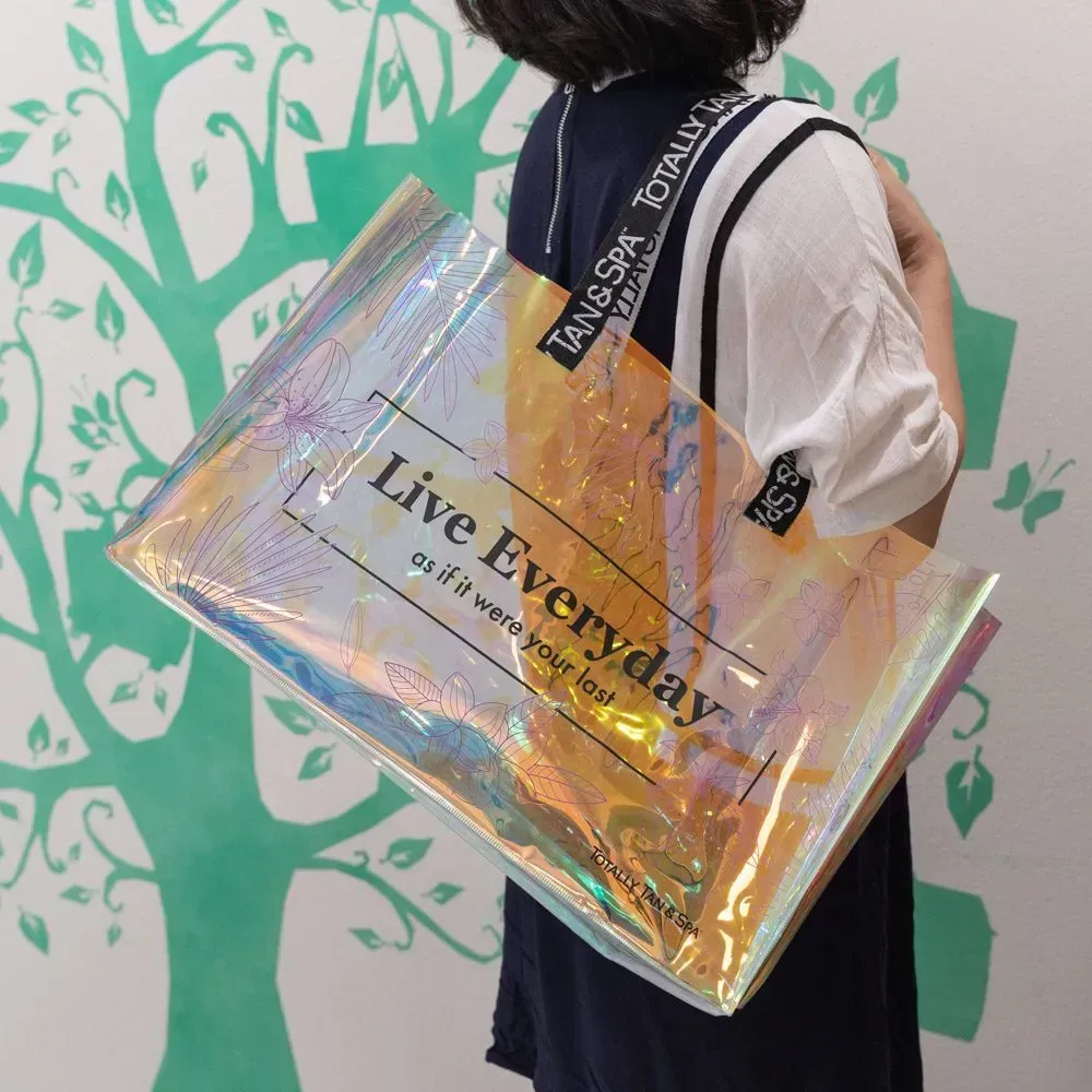 Custom logo printing webbing Handles  Laser Transparent Hologram Clear PVC Tote Bag